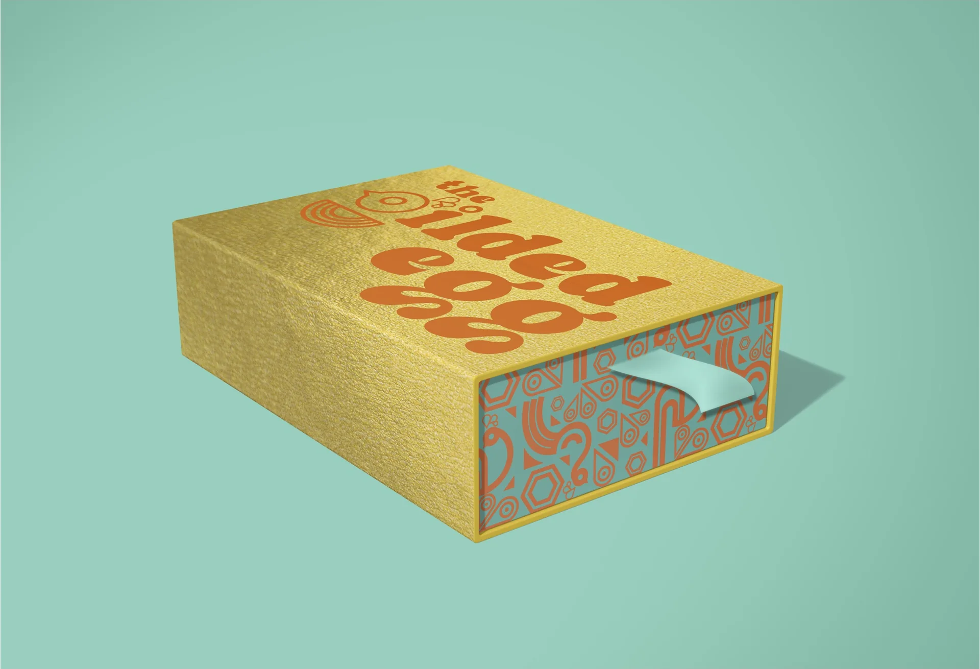 Chocolate packaging concept with patterned graphics and a cutout window.