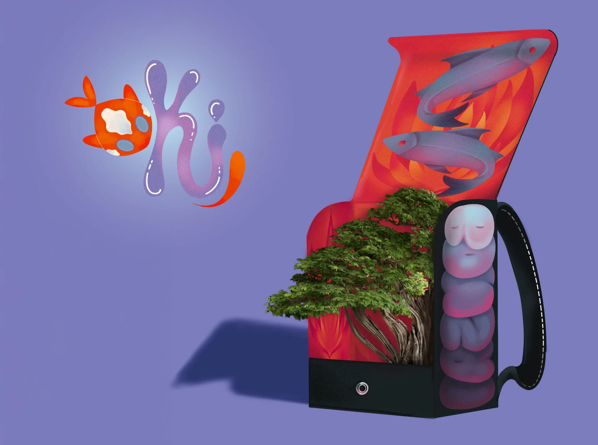 Digital illustration combining fish, plants, and a bottle in a product mockup.