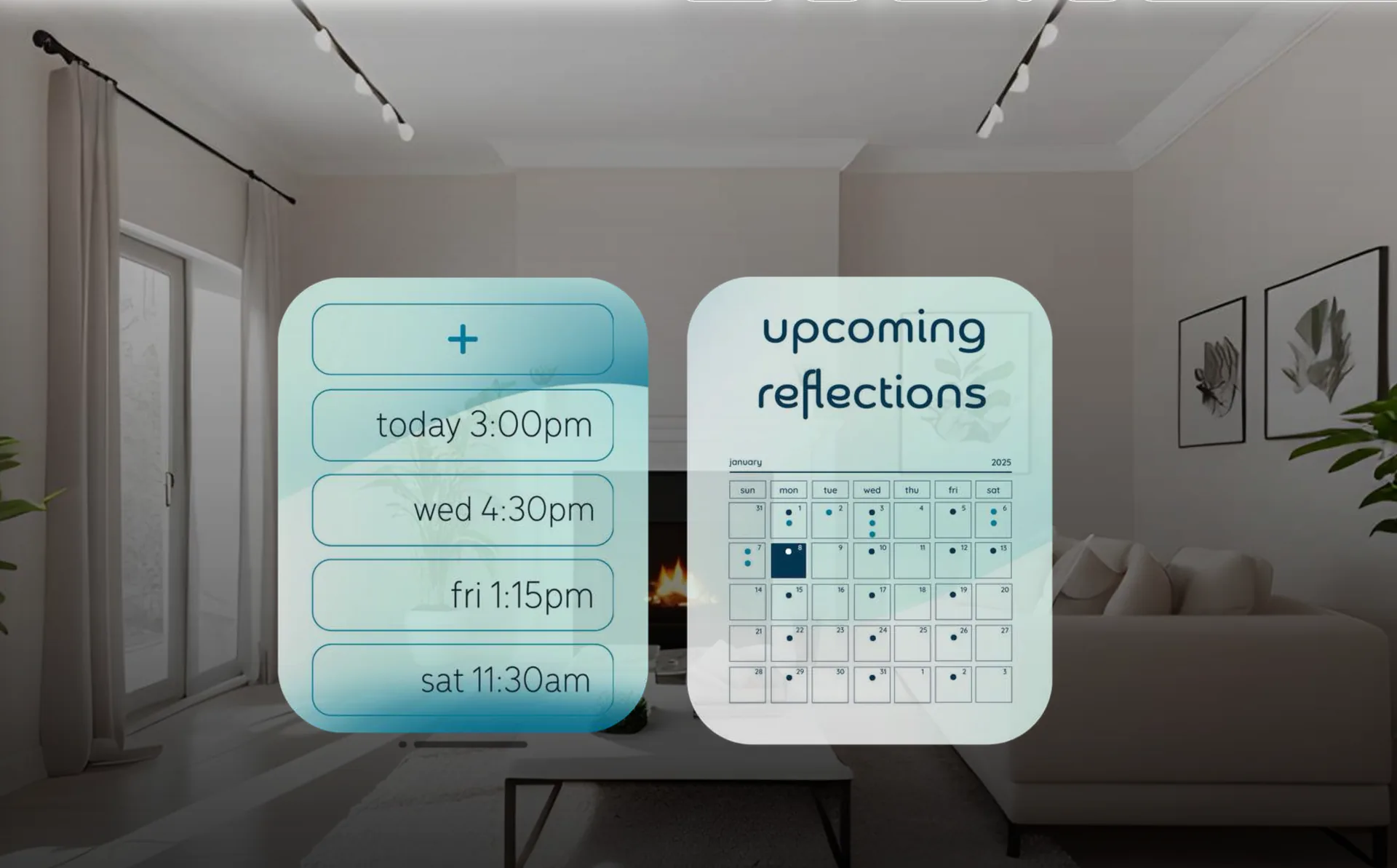 Interface concept showing appointment controls and a calendar in a room setting.